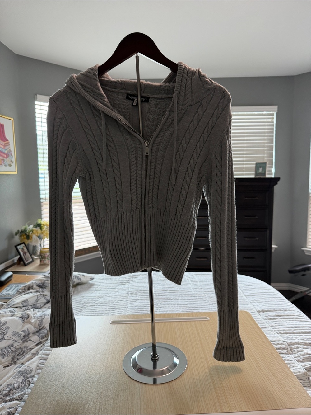 Harlow Gray Cable-Knit Zip Hoodie Cardigan